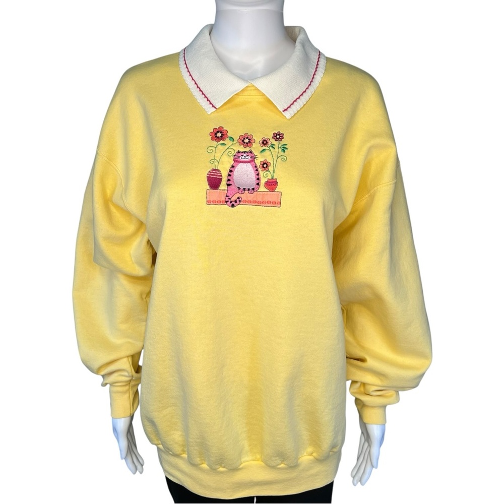 Vintage Top Stitch Cat Flower Sweatshirt‎ L